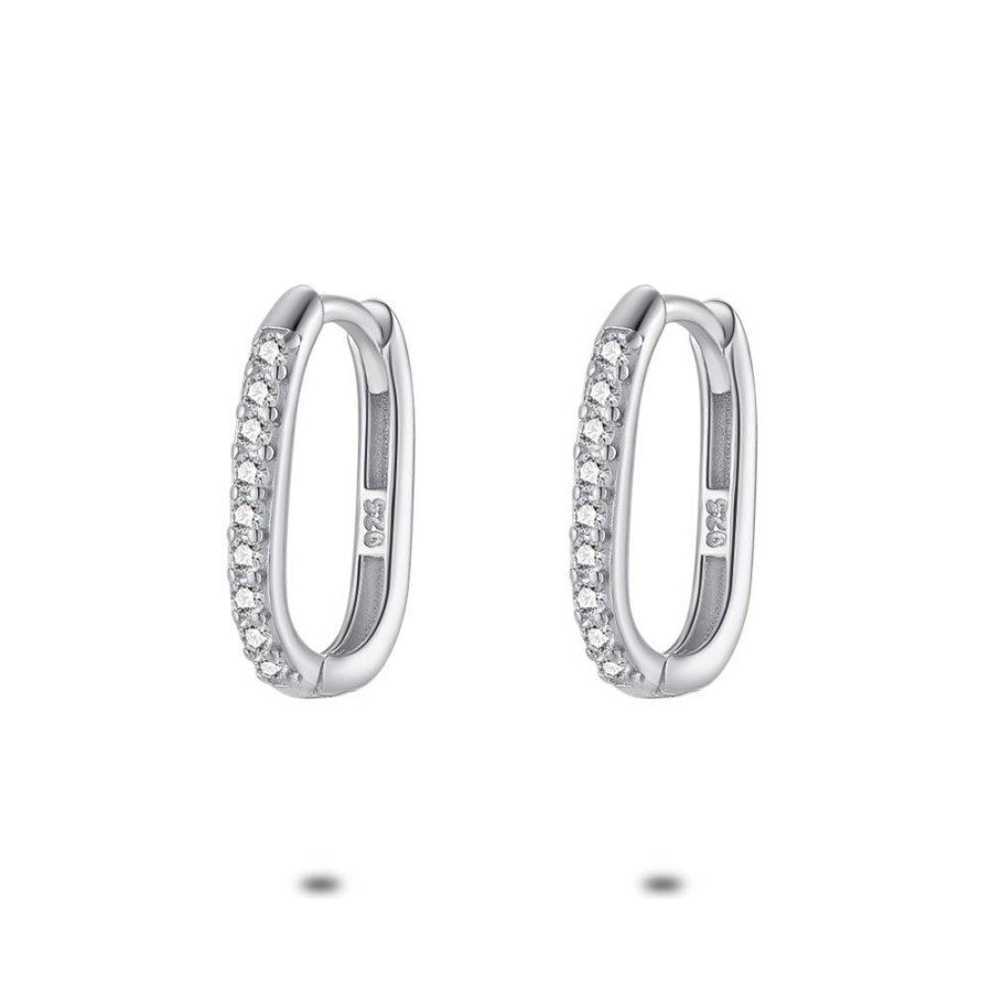 Women Twice As Nice | Silver Oval-Shaped Hoop Earrings, Zirconia, 10 Mm