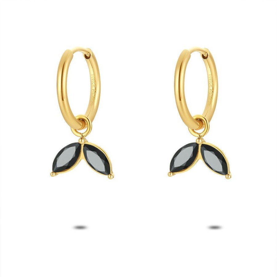 Women Twice As Nice | Earrings In Gold-Coloured Stainless Steel, Hoops, 2 Black Petals