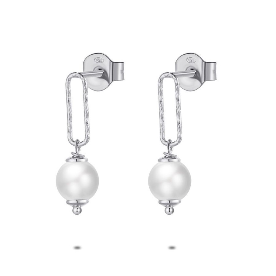 Women Twice As Nice | Silver Earrings, Open Oval, Pearl