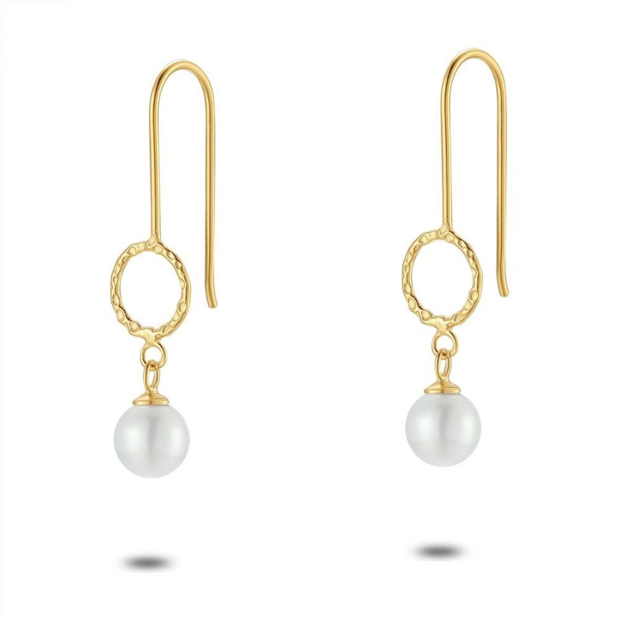 Women Twice As Nice | 18Ct Gold Plated Silver Earrings, Hammered Circle, Pearl On Hook