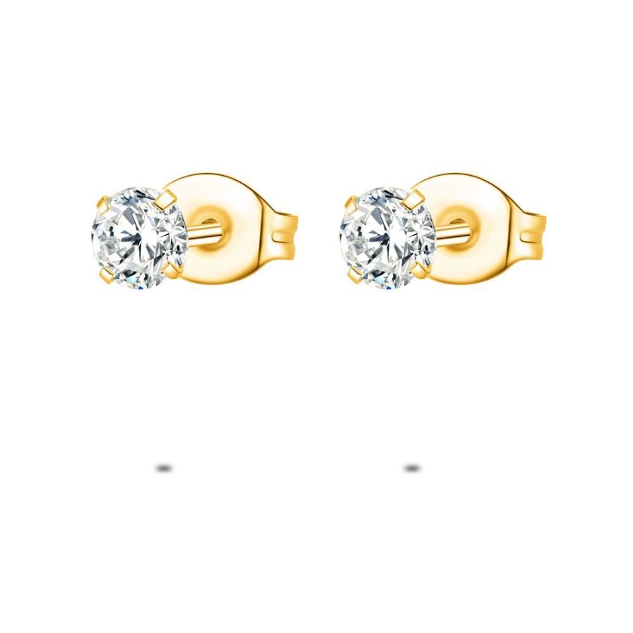 Women Twice As Nice | Gold Coloured Stainless Steel Earrings, 1 Zirconia Of 4 Mm