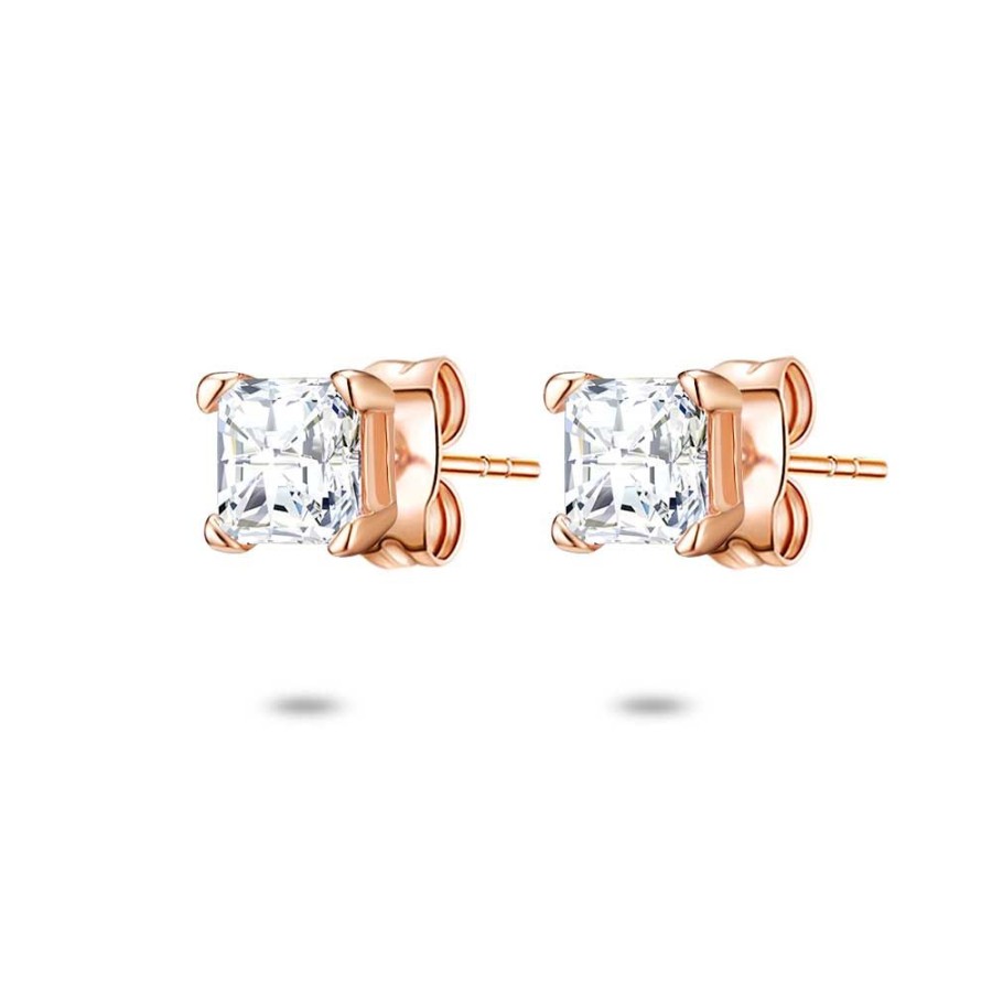 Women Twice As Nice | Rose Silver Earrings, Square Zirconia 4 Mm