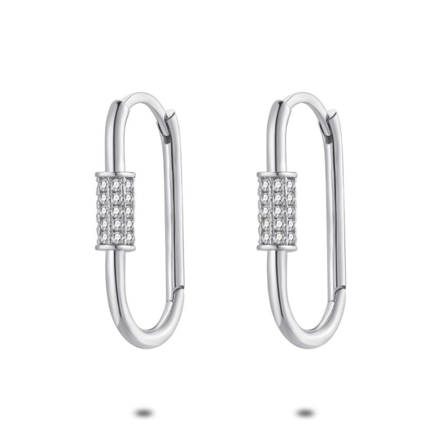 Women Twice As Nice | Silver Earrings, Oval Hoops, Zirconia