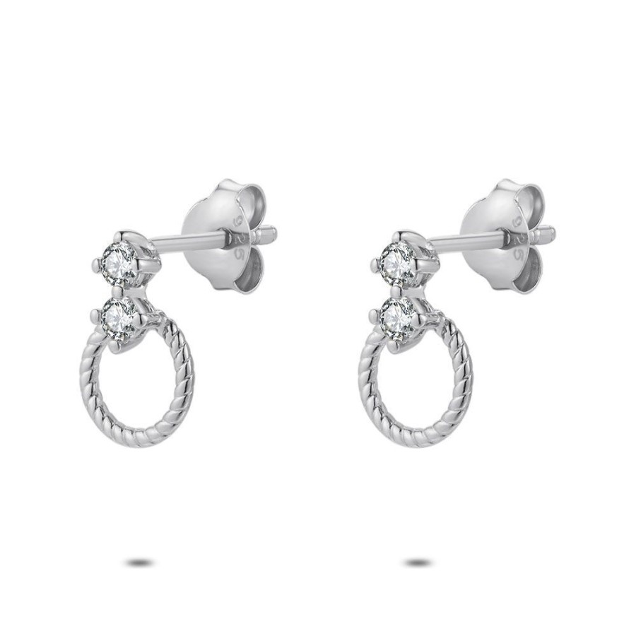 Women Twice As Nice | Silver Earrings, Hammerd Circle, 2 Zirconia