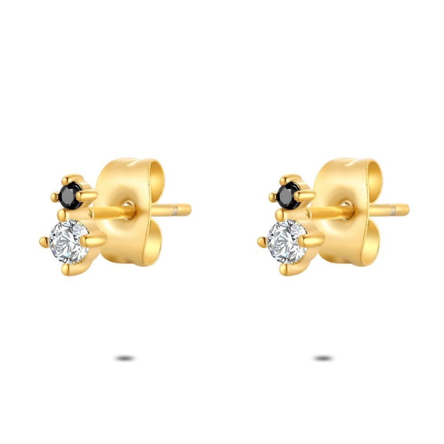 Women Twice As Nice | Gold Coloured Stainless Steel Earrings, Zirconia Noir Et Blanc