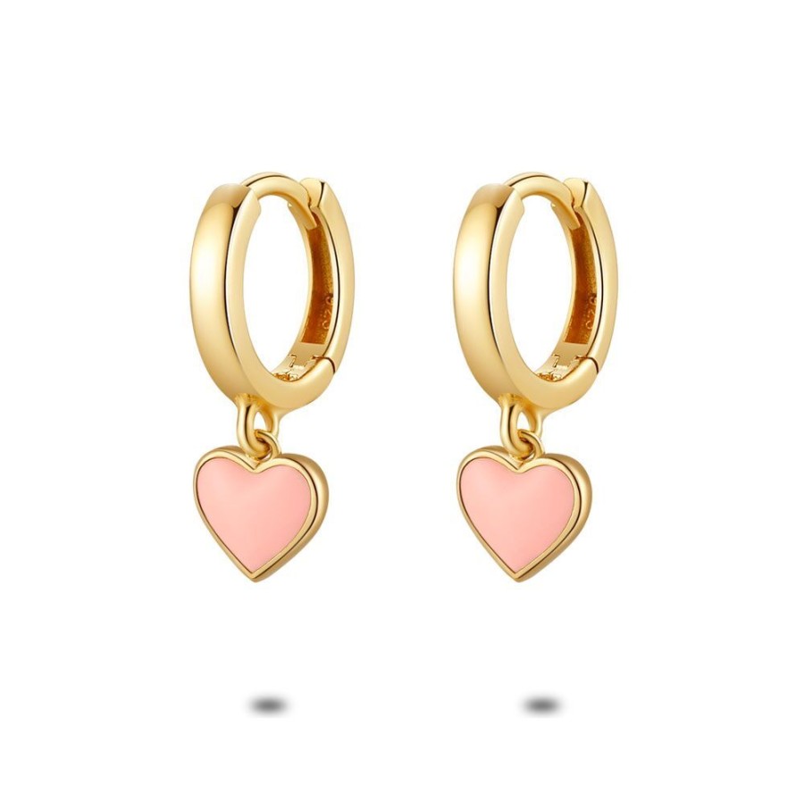 Women Twice As Nice | 18Ct Gold Plated Silver Earrings, Hoop Earring, Pink Enamel Heart