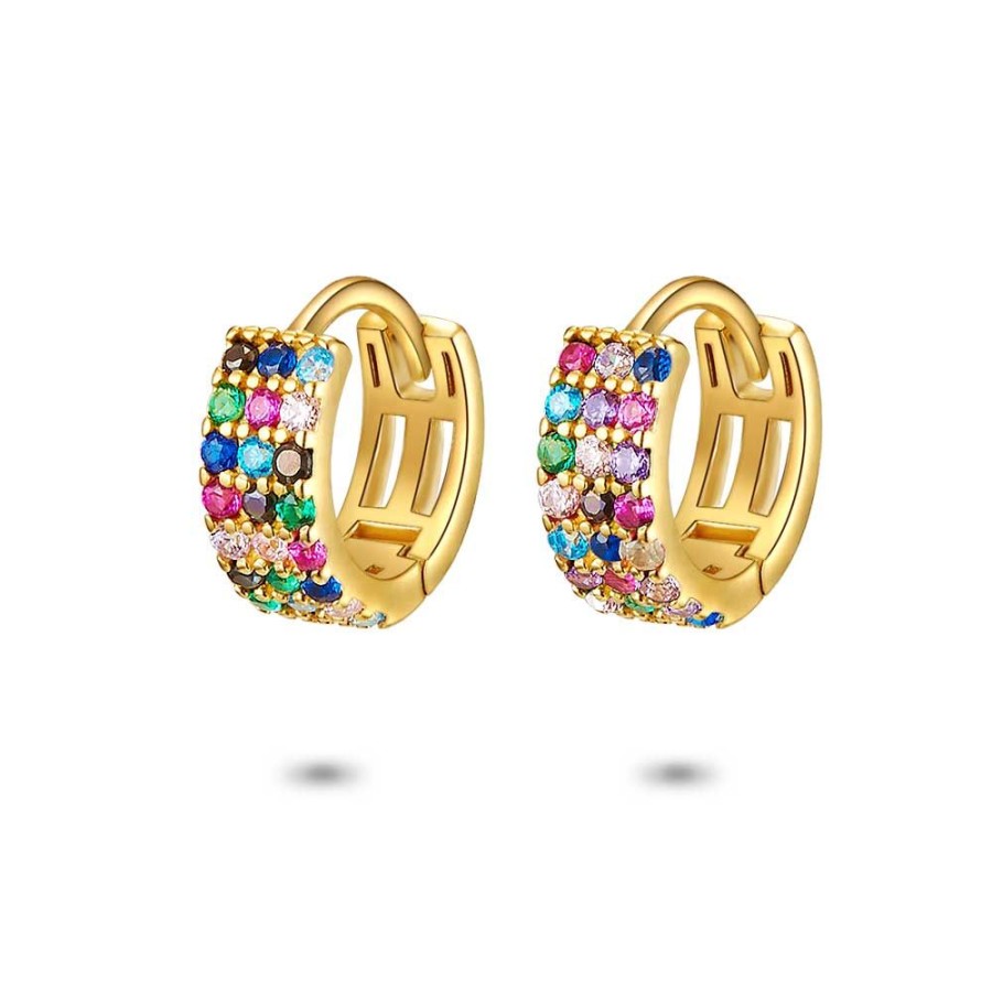 Women Twice As Nice | 18Ct Gold Plated Silver Earrings, Hoop, 3 Rows Of Multicoloured Zirconia