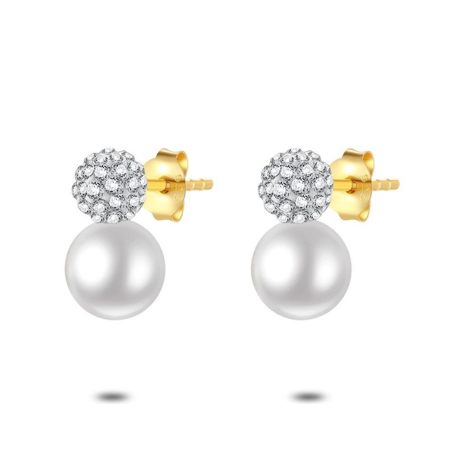 Women Twice As Nice | 18Ct Gold Plated Silver Earrings, Sphere With White Zirconia + Pearl