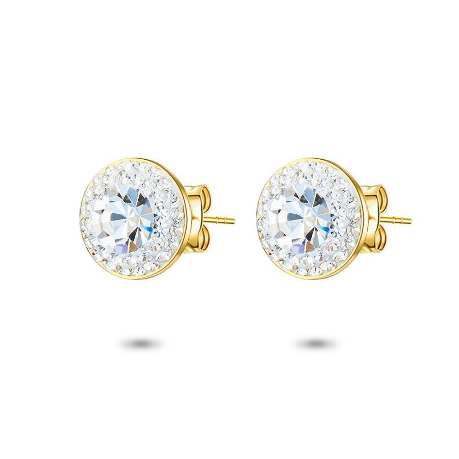 Women Twice As Nice | 18Ct Gold Plated Silver Earrings, Round Zirkonia With 2 Rows Of Smaller Crystals