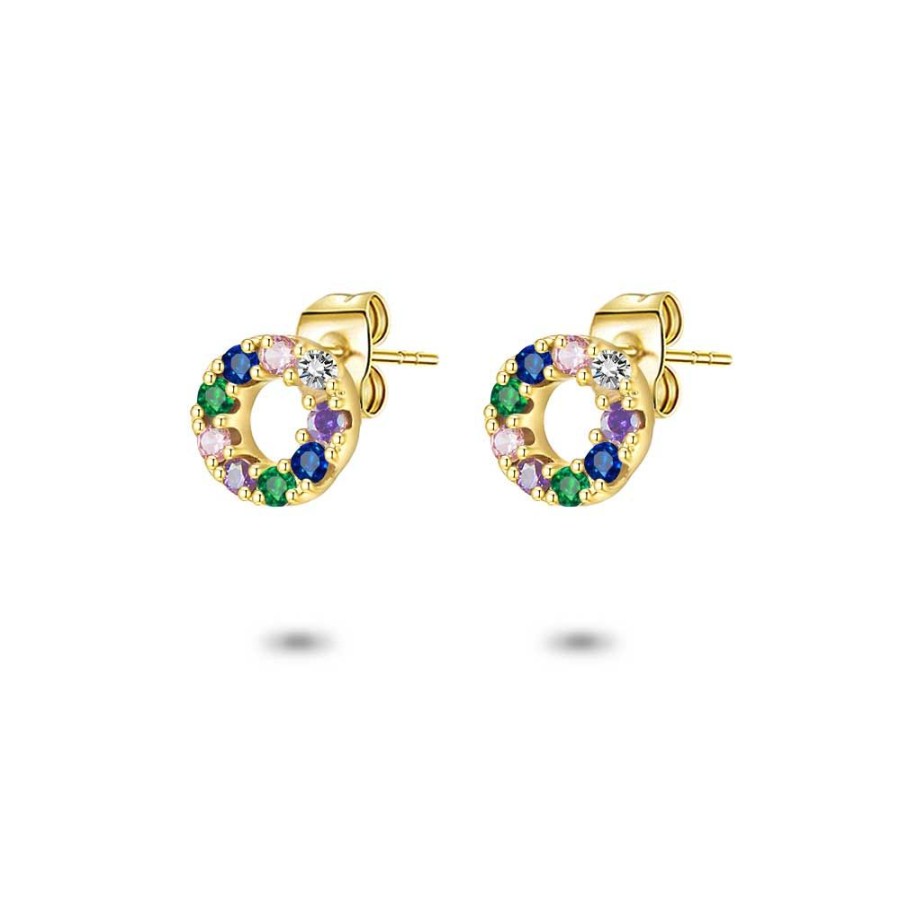 Women Twice As Nice | 18Ct Gold Plated Silver Earrings, Circle With Multicoloured Zirconia