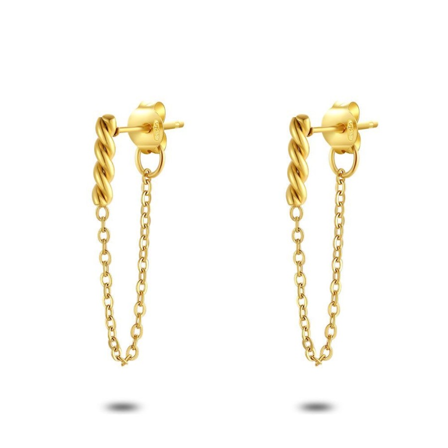 Women Twice As Nice | Gold Coloured Stainless Steel Earrings, Twisted Bar On Chain