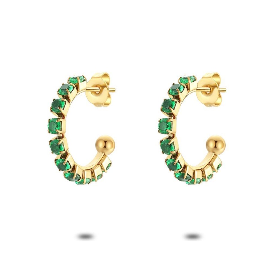 Women Twice As Nice | Gold Coloured Stainless Steel Earrings, Hoop Earrings, Green Crystals