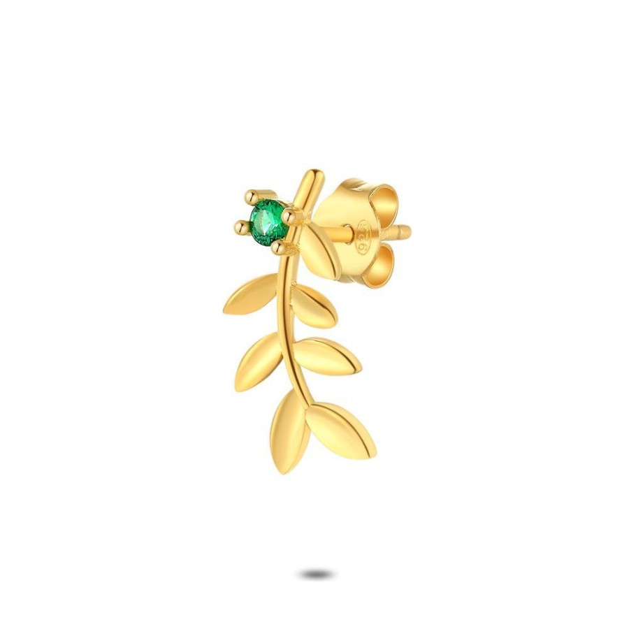 Women Twice As Nice | Earring Per Piece In 18Ct Gold Plated Silver, Branch, Green Zirconia