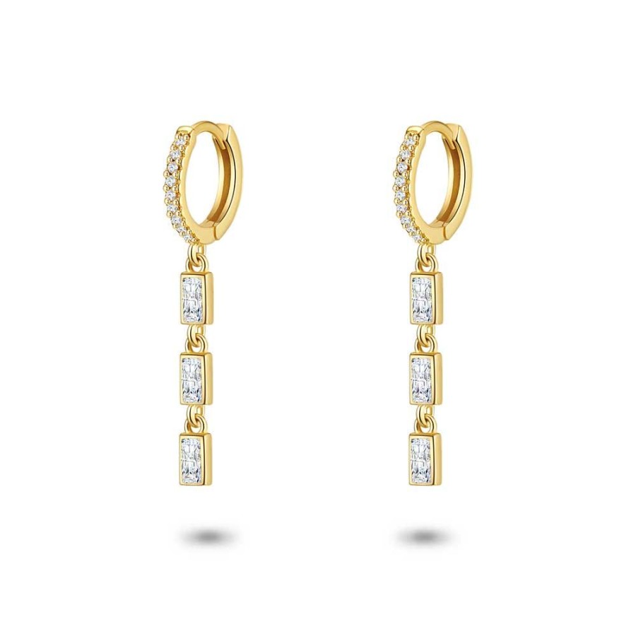 Women Twice As Nice | 18Ct Gold Plated Silver Earrings, Hoop, White Zirconia, 3 Hanging White Emerald Cut Zirconia