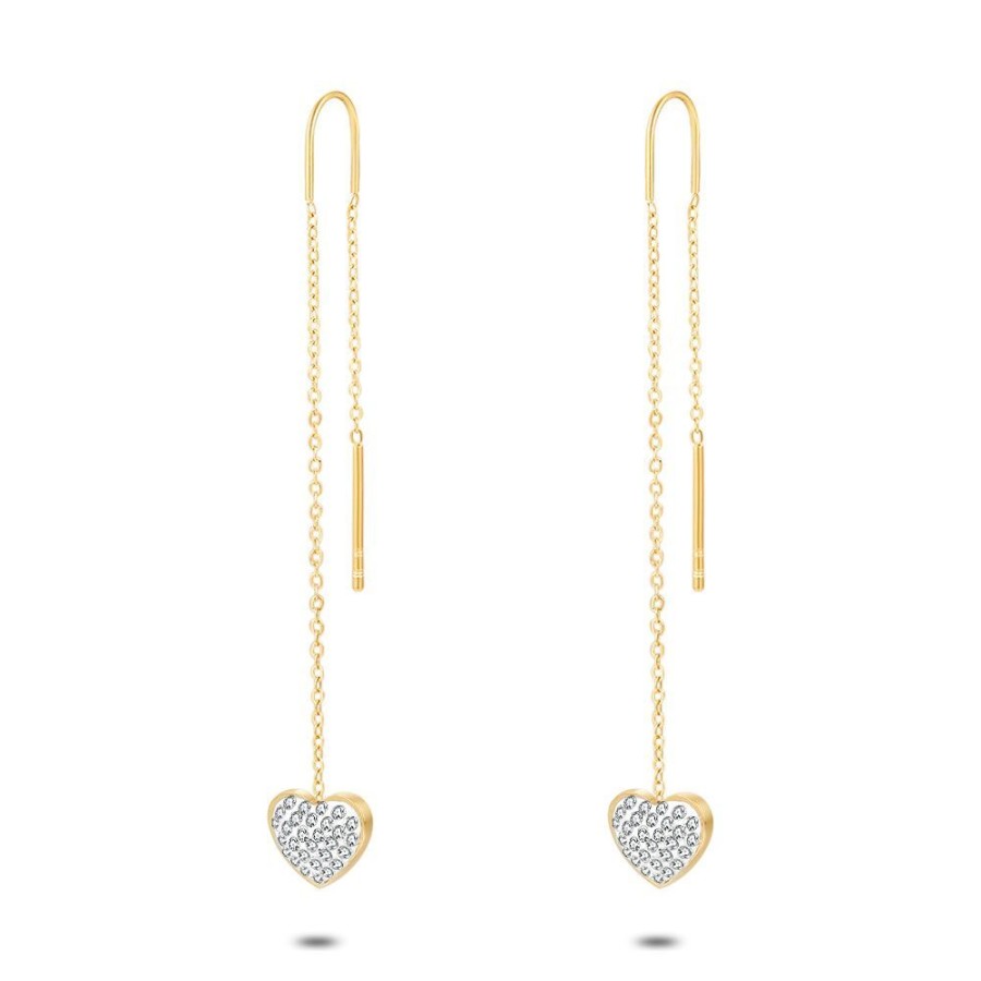 Women Twice As Nice | Gold Coloured Stainless Steel Earrings, Heart With Crystals