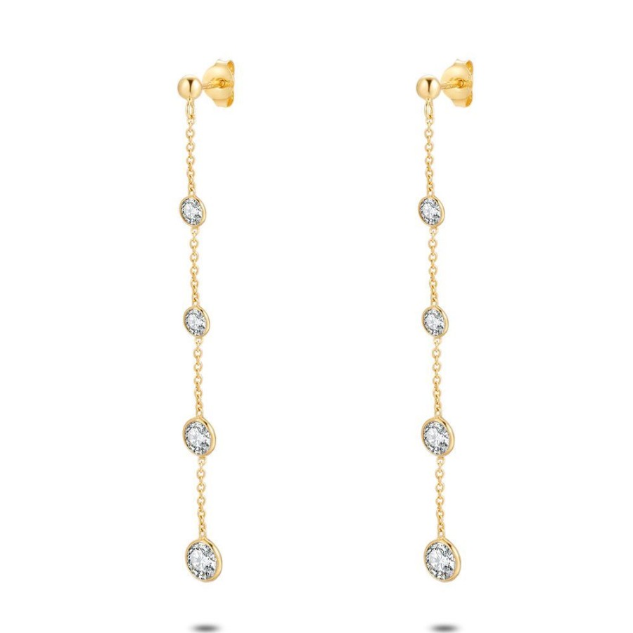 Women Twice As Nice | 18Ct Gold Plated Silver Earrings, 4 Zirconia On A Chain