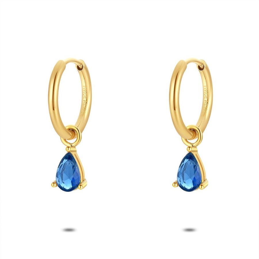 Women Twice As Nice | Gold Coloured Stainless Steel Earrings, Hoop With Drop-Shaped Blue Zirconia Stone