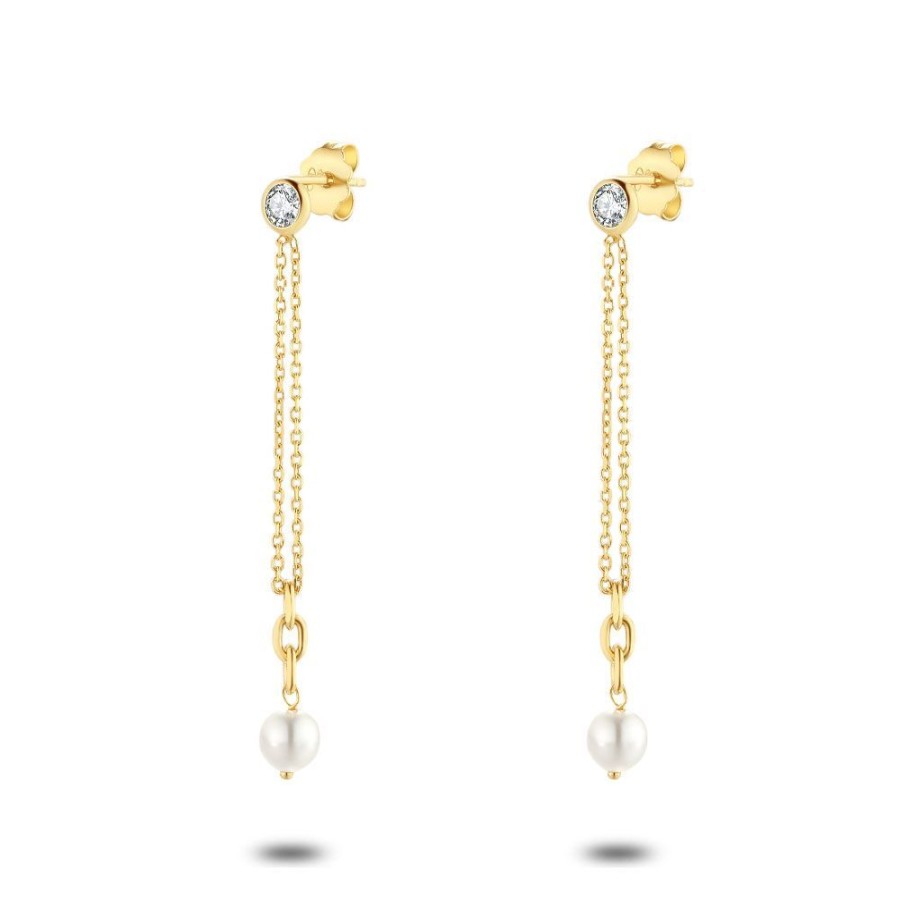 Women Twice As Nice | 18Ct Gold Plated Silver Earrings, Double Chain, Pearl, Zirconia