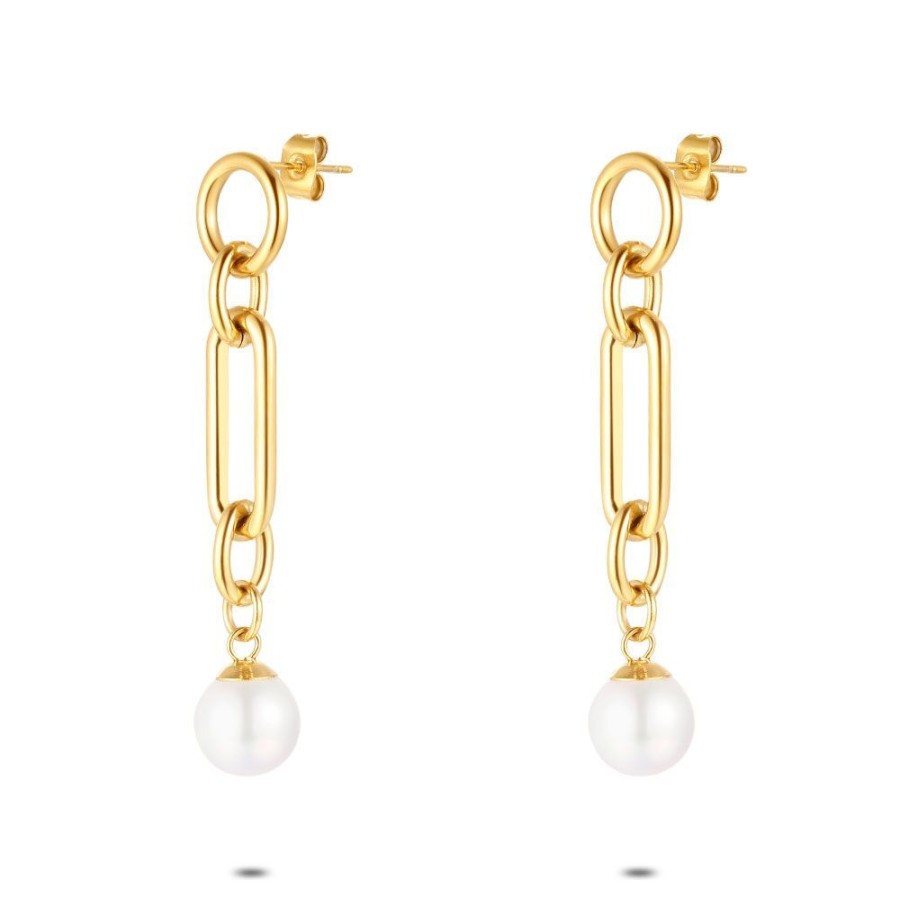 Women Twice As Nice | Gold Coloured Stainless Steel Earrings, Long Earring With Pearl