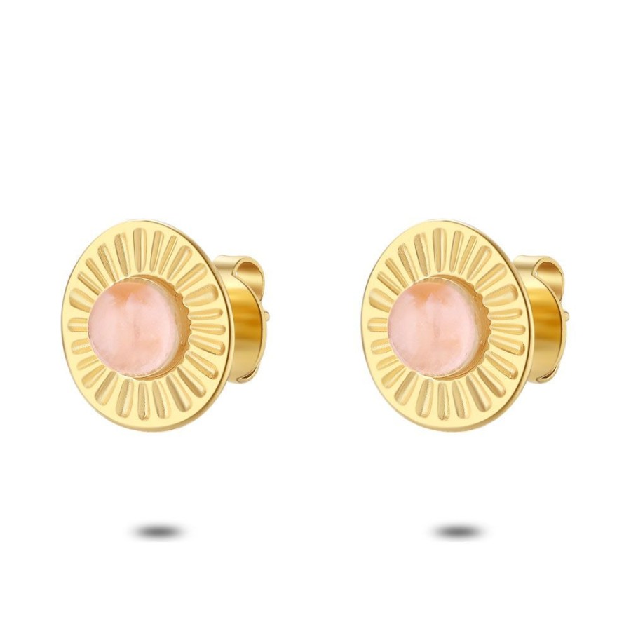 Women Twice As Nice | Gold Coloured Stainless Steel Earrings, Pink Quartz, Flower