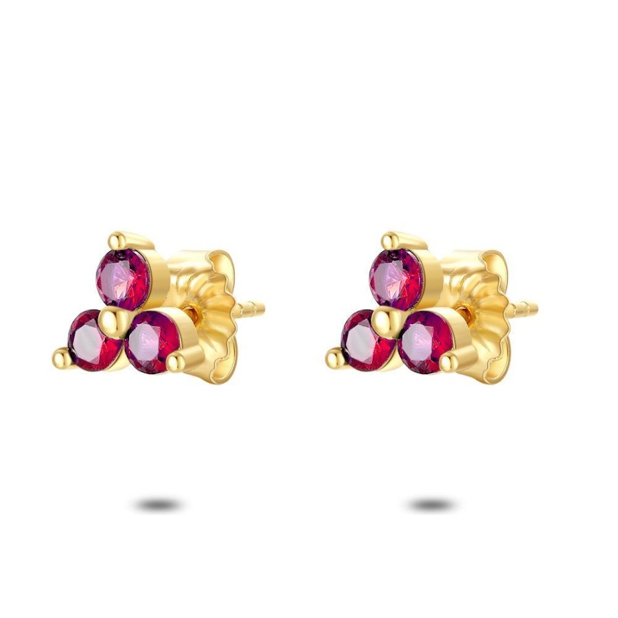 Women Twice As Nice | 18Ct Gold Plated Silver Earrings, 3 Round Zirconia, Fuchsia