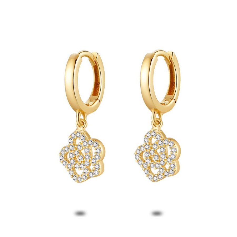 Women Twice As Nice | 18Ct Gold Plated Silver Earrings, Hoop Earrings, Flower With Zirconia