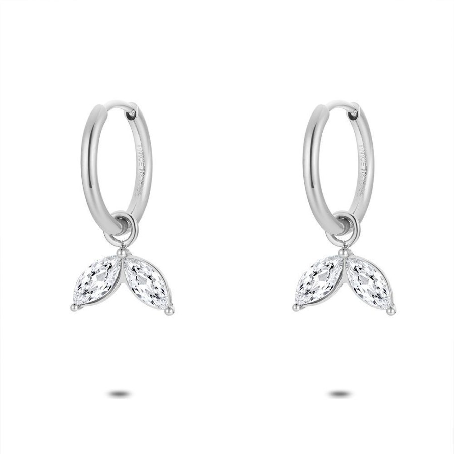 Women Twice As Nice | Stainless Steel Earrings, Hoop Earring, 2 White Petals