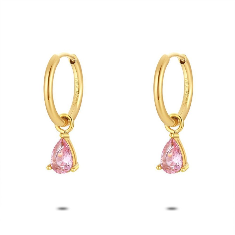 Women Twice As Nice | Gold Coloured Stainless Steel Earrings, Hoop, Pink Zirconia Drop, 20Mm