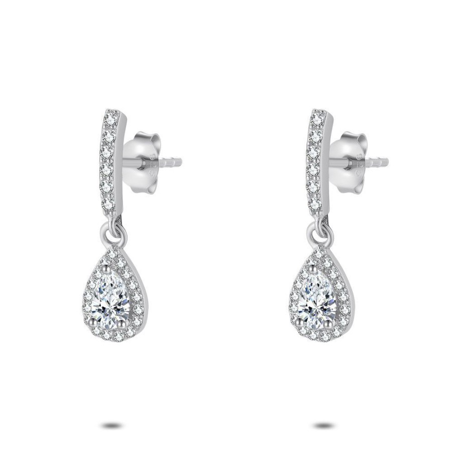 Women Twice As Nice | Silver Earrings, Bar With Drop-Shaped Zirconia