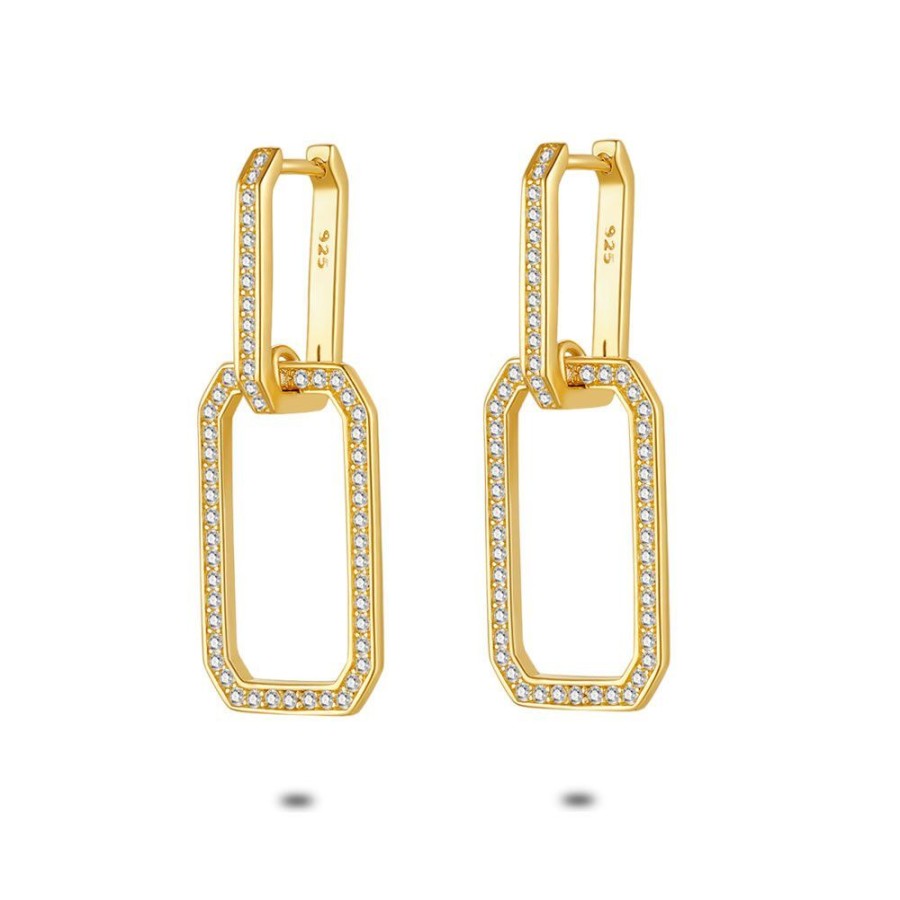 Women Twice As Nice | 18Ct Gold Plated Silver Earrings, 2 Open Rectangles, Zirconia