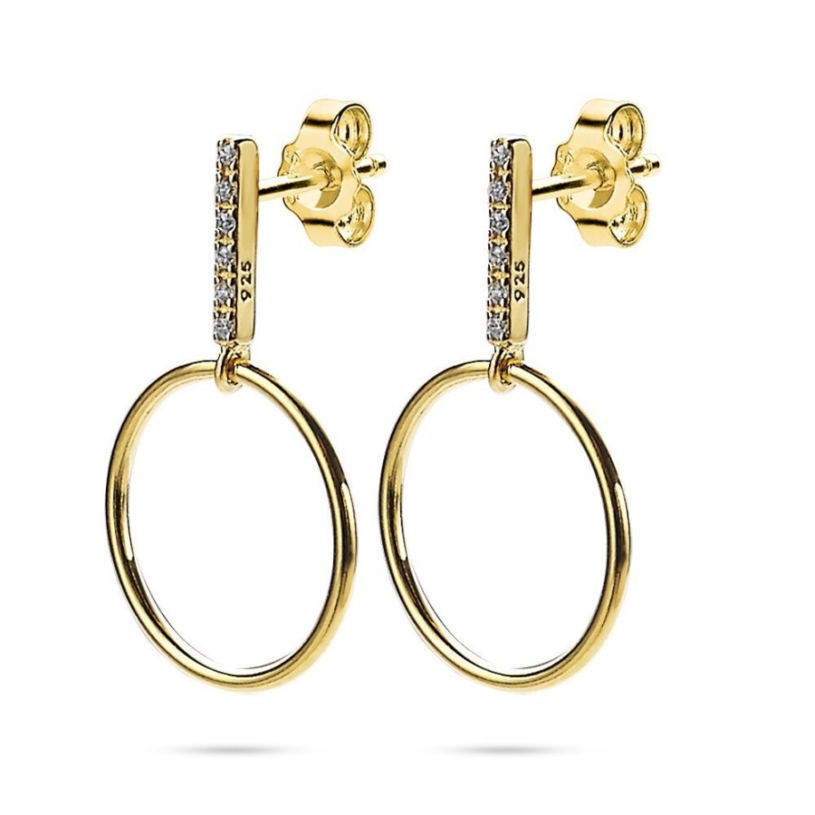 Women Twice As Nice | 18Ct Gold Plated Silver Earrings, Bar In Zirconia With Circle