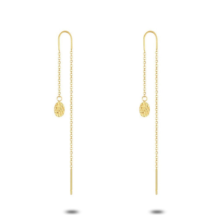 Women Twice As Nice | Gold Coloured Stainless Steel Earrings, Pull Trough Earring, Hammered Oval