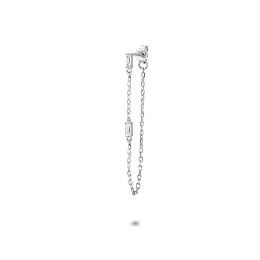 Women Twice As Nice | Silver Earring, Per Piece, 2 Baguette Zirconia On A Chain