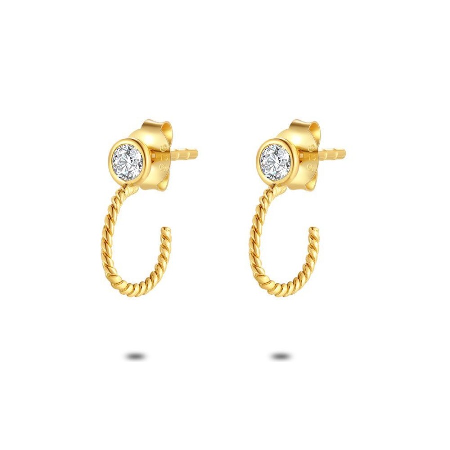 Women Twice As Nice | 18Ct Gold Plated Silver Earrings, Open Hoop, Twisted, Zirconia