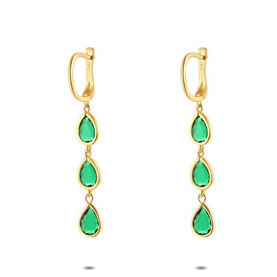 Women Twice As Nice | 18Ct Gold Plated Silver Earrings, Green Zirconia