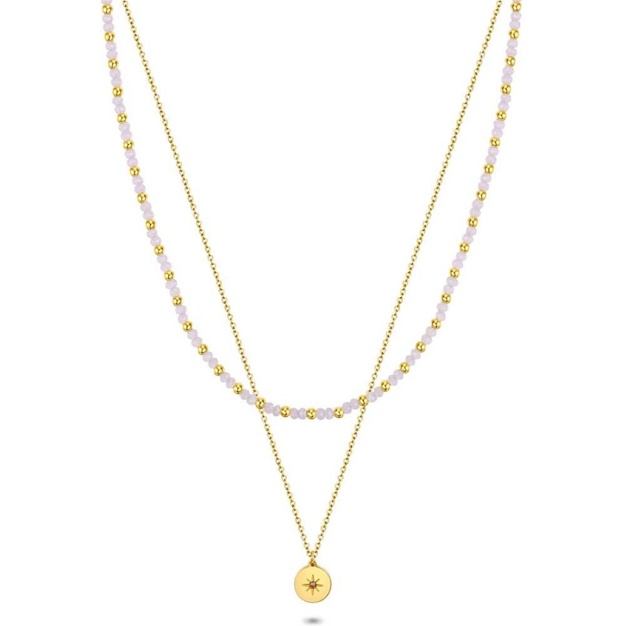 Women Twice As Nice | Gold Coloured Stainless Steel Necklace, Double Chain, Pink Crystals, Disc Pendant With Star And Pink Crystal