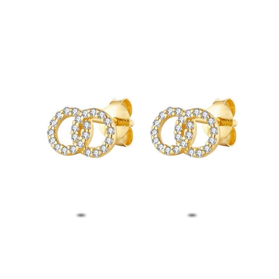 Women Twice As Nice | 18Ct Gold Plated Silver Earrings, 2 Interlaced Circles With Zirconia