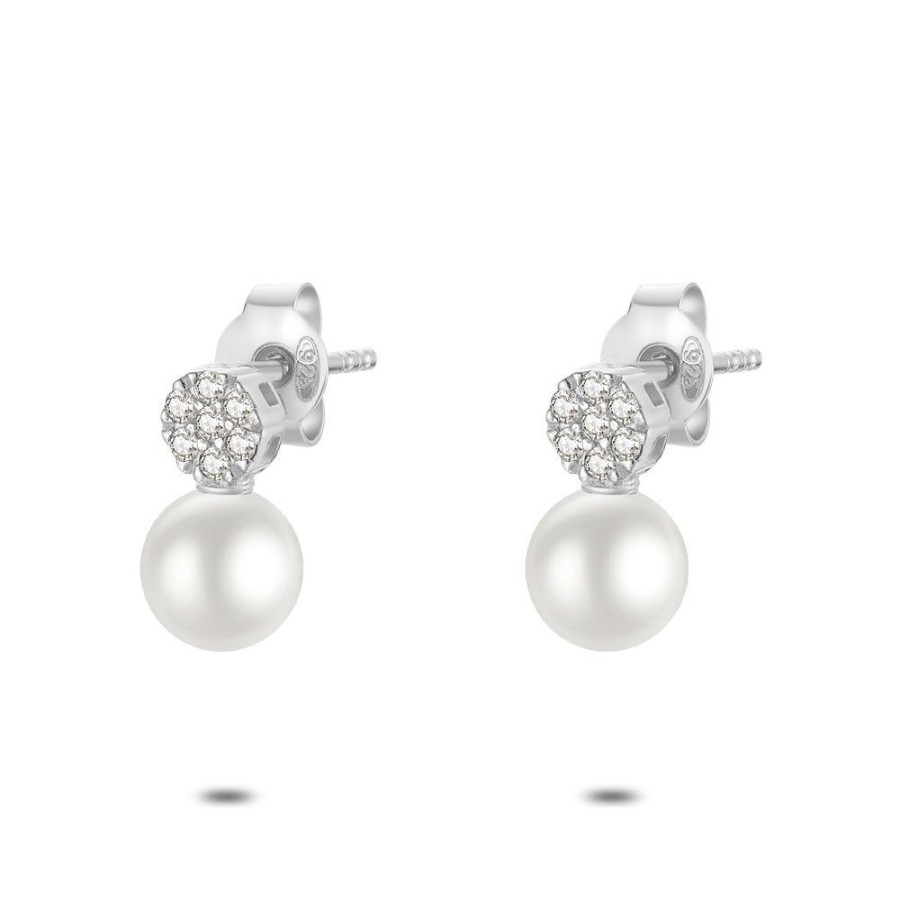 Women Twice As Nice | Silver Earrings, Flower With Zirconia, Pearl