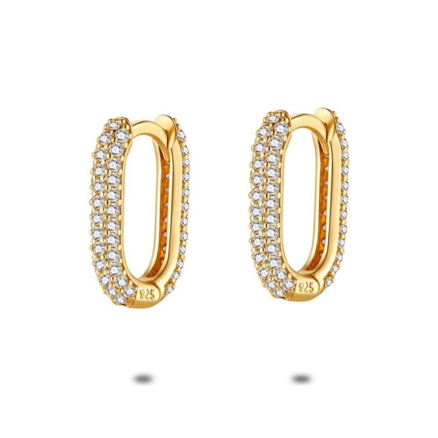 Women Twice As Nice | 18Ct Gold Plated Silver Earrings, Oval Hoop Earrings, Zirconia