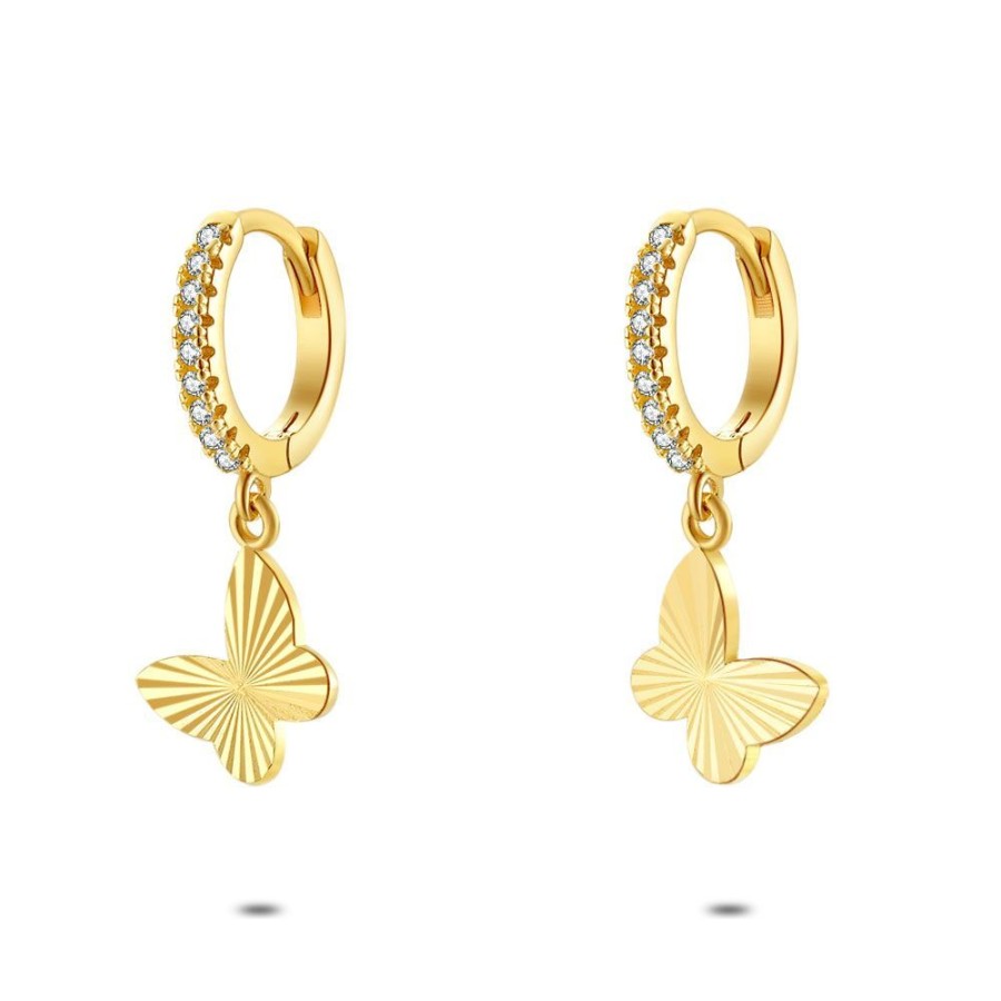 Women Twice As Nice | 18Ct Gold Plated Silver Earrings, Hoop, Chiseled Butterfly, Zirconia