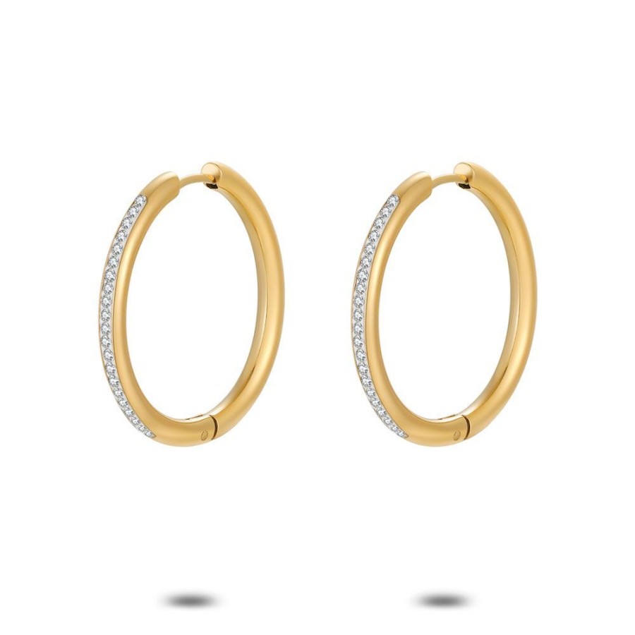 Women Twice As Nice | Gold Coloured Stainless Steel Earrings, Hoop Earrings, 30 Mm, White Crystals