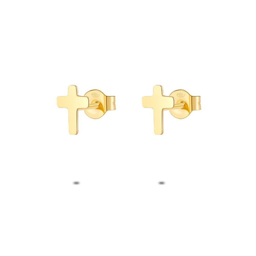 Women Twice As Nice | 18Ct Gold Plated Silver Earrings, Cross, 8 Mm