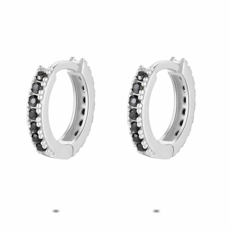 Women Twice As Nice | Silver Earrings, 12 Mm Hoop, Black Zirconia