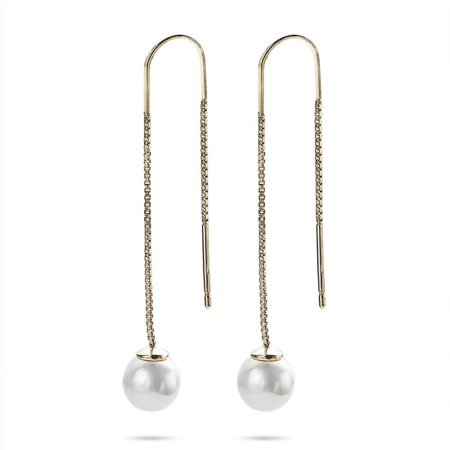 Women Twice As Nice | 18Ct Gold Plated Silver Earrings, 8 Mm Pearl, On Chain, Pull-Through