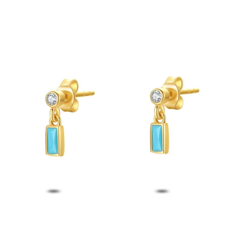 Women Twice As Nice | 18Ct Gold Plated Silver Earrings, Rectangle In Turquoise Zirconia, 1 Round White Zirconia