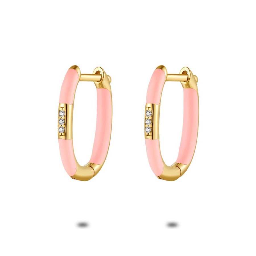 Women Twice As Nice | 18Ct Gold Plated Silver Earrings, Oval Hoop Earrings, Pink Enamel, Zirconia