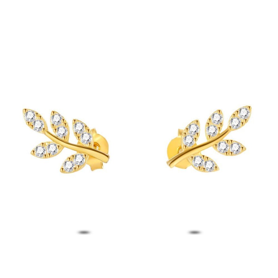 Women Twice As Nice | 18Ct Gold Plated Silver Earrings, Leaves With Zirconia