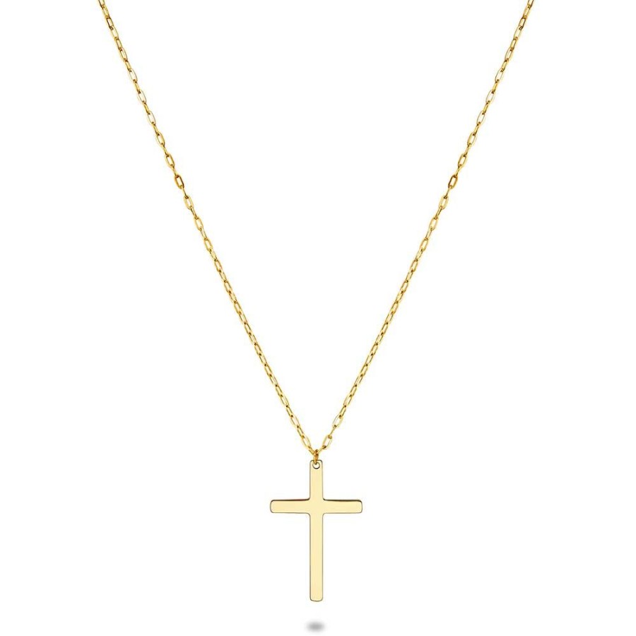 Women Twice As Nice | Gold Coloured Stainless Steel Necklace, Cross, Oval Links