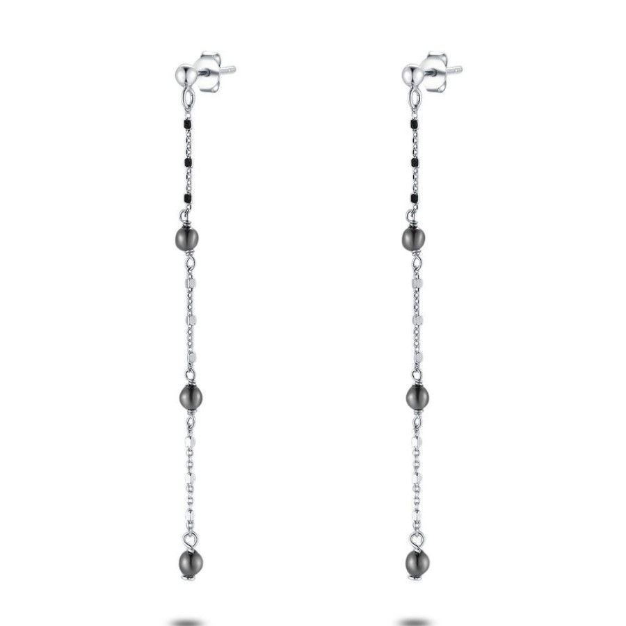 Women Twice As Nice | Silver Earrings, 3 Gray Fine Pearls On Chain