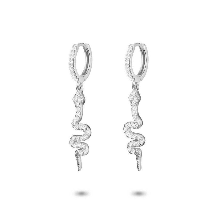 Women Twice As Nice | Silver Earrings, Hoop, Dangling Snake, White Zirconia